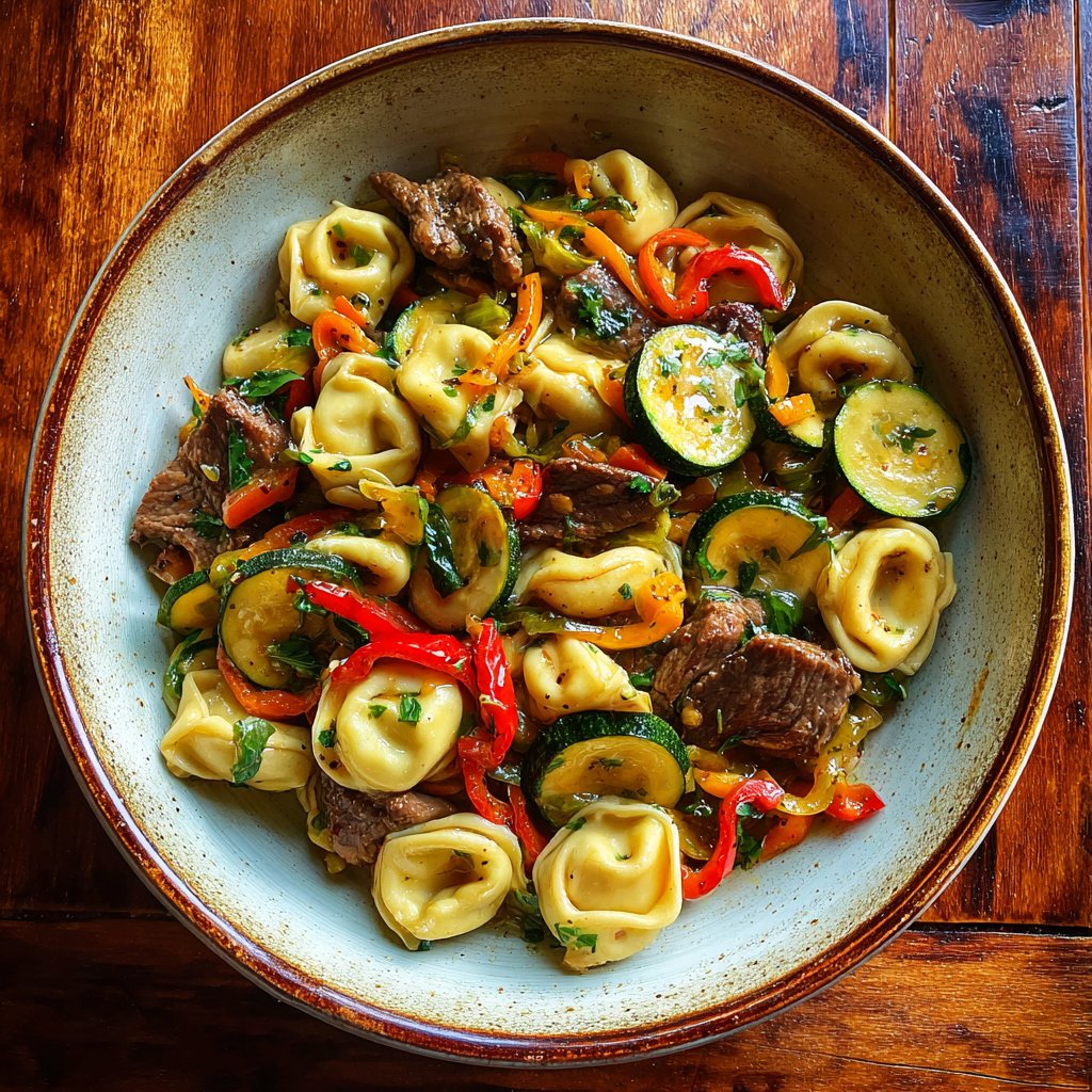 Garlic Steak Tortellini with Zucchini and Peppers