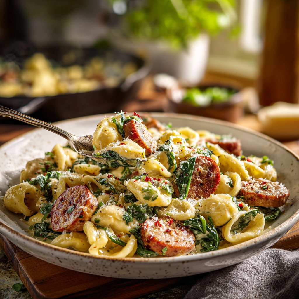 One Pot Creamy Cajun Sausage Pasta with Spinach